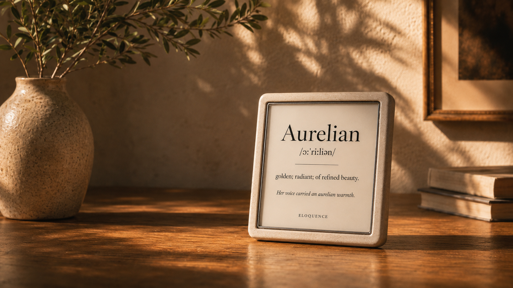 Aurelian stone language object on a warm wooden desk